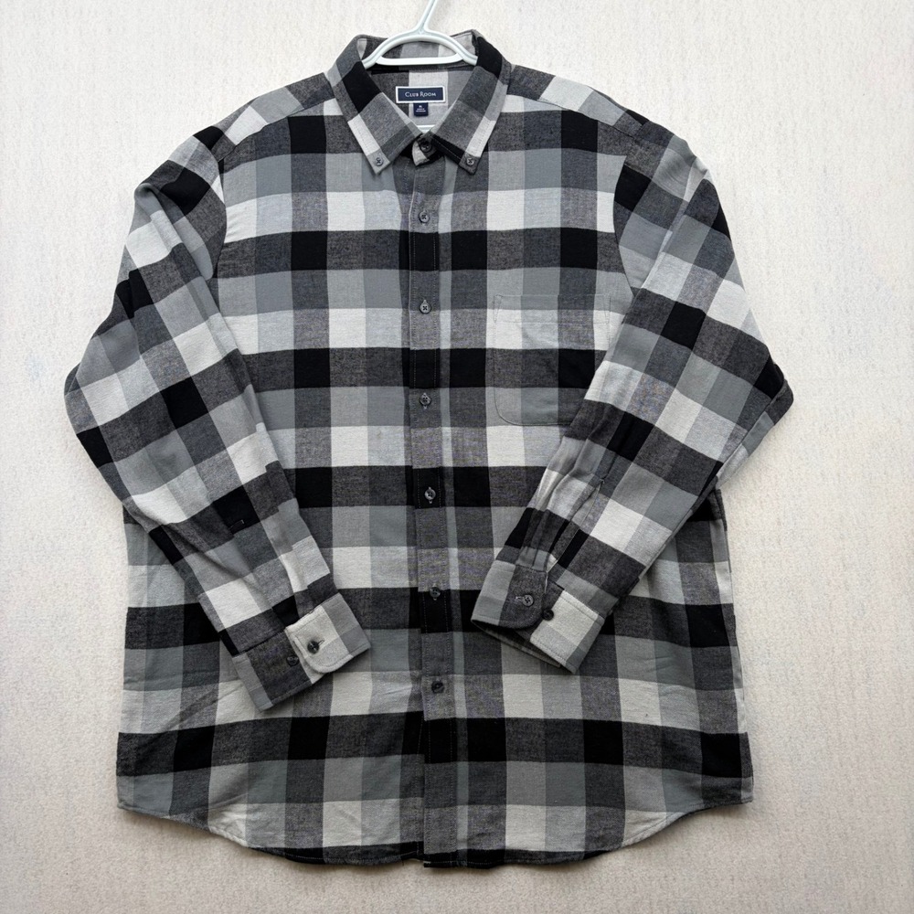 Club Room Mens XL Flannel Shirt Black Grey Buffalo Plaid Herringbone Cotton L/S